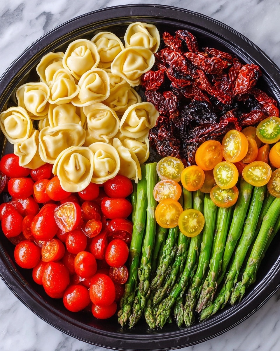 A round black tray is divided into six sections, each holding a different colorful ingredient arranged neatly. Starting from the top left, there is a cluster of pale yellow tortellini pasta with smooth, folded shapes. Next to it, occupying the top center, is a pile of dark red sun-dried tomatoes with wrinkled texture. To the right, bright yellow cherry tomatoes are sliced in half, showing their juicy, seed-filled insides. Below them, vibrant red cherry tomatoes are also halved, revealing their glossy interior. At the bottom center, green asparagus spears are laid side by side, showing their fresh, firm texture and closed tips. The tray rests on a white marbled surface. photo taken with an iphone --ar 4:5 --v 7