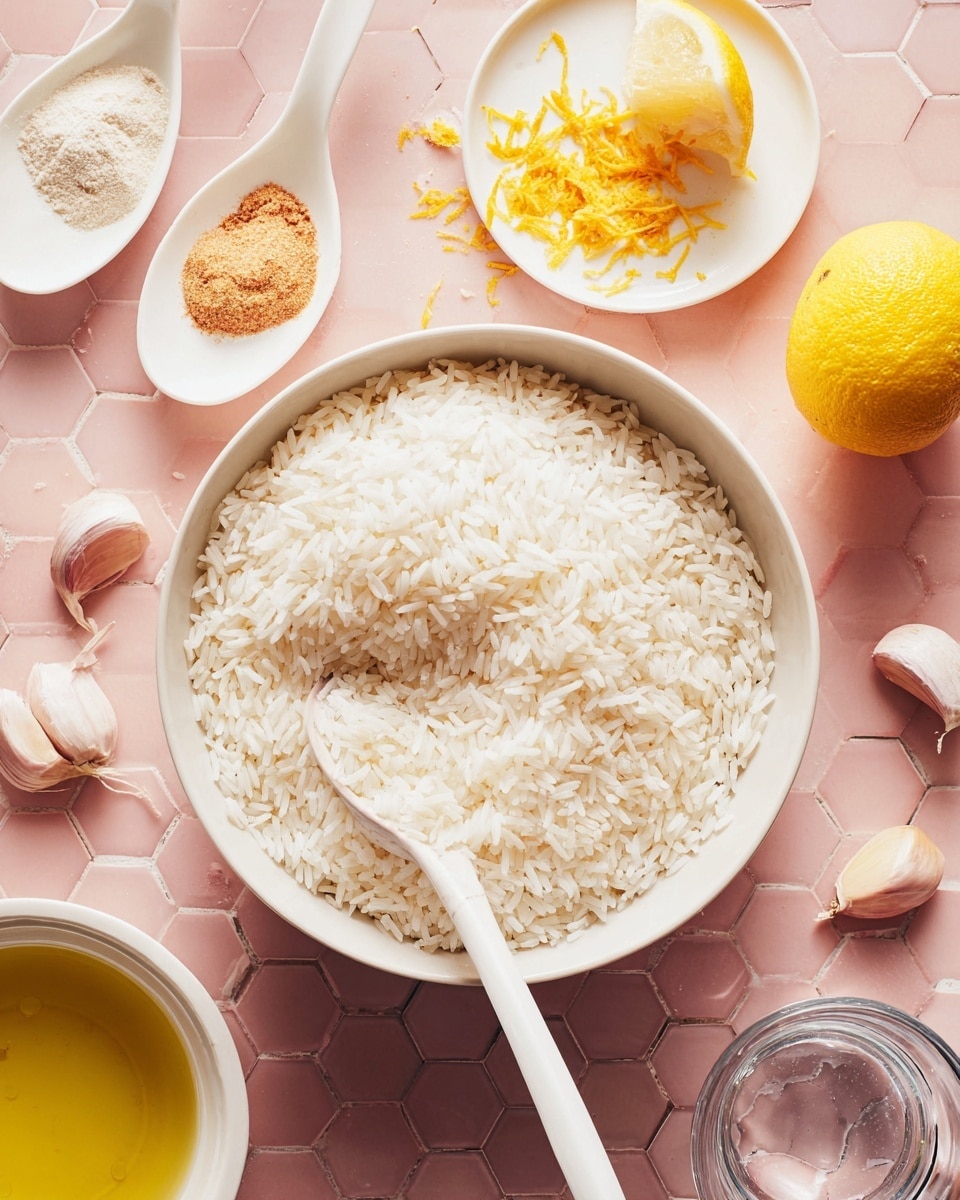 A white bowl full of uncooked white rice sits in the center, with a white spoon partially covered by the rice inside it. Above the bowl, there is a white small plate holding a lemon with its peel partially removed. To the top left, three small white spoons hold different ingredients: light brown powder, coarse salt, and finely grated yellow lemon zest. Near the spoons are three peeled garlic cloves on the white marbled surface. At the bottom left corner, a white bowl with olive oil and at the bottom right, a glass jar with water can be seen. The background is a pink hexagonal tiled surface. Photo taken with an iphone --ar 4:5 --v 7