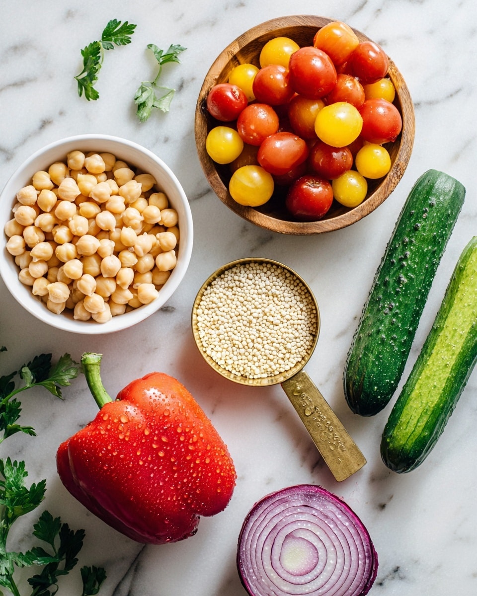The image shows a white marbled surface with fresh ingredients arranged neatly. There is a white bowl filled with light beige chickpeas at the bottom left. Above it is a wooden bowl filled with small red and yellow tomatoes. In the center is a gold measuring cup with a wooden handle, filled with small round white grains. To the right are two long pieces of cucumber showing a green peel and pale green inside. Below them is a bright red bell pepper with water drops on its surface and next to it is a half-cut red onion showing concentric white and purple rings. A few green parsley leaves are scattered around. Photo taken with an iphone --ar 4:5 --v 7