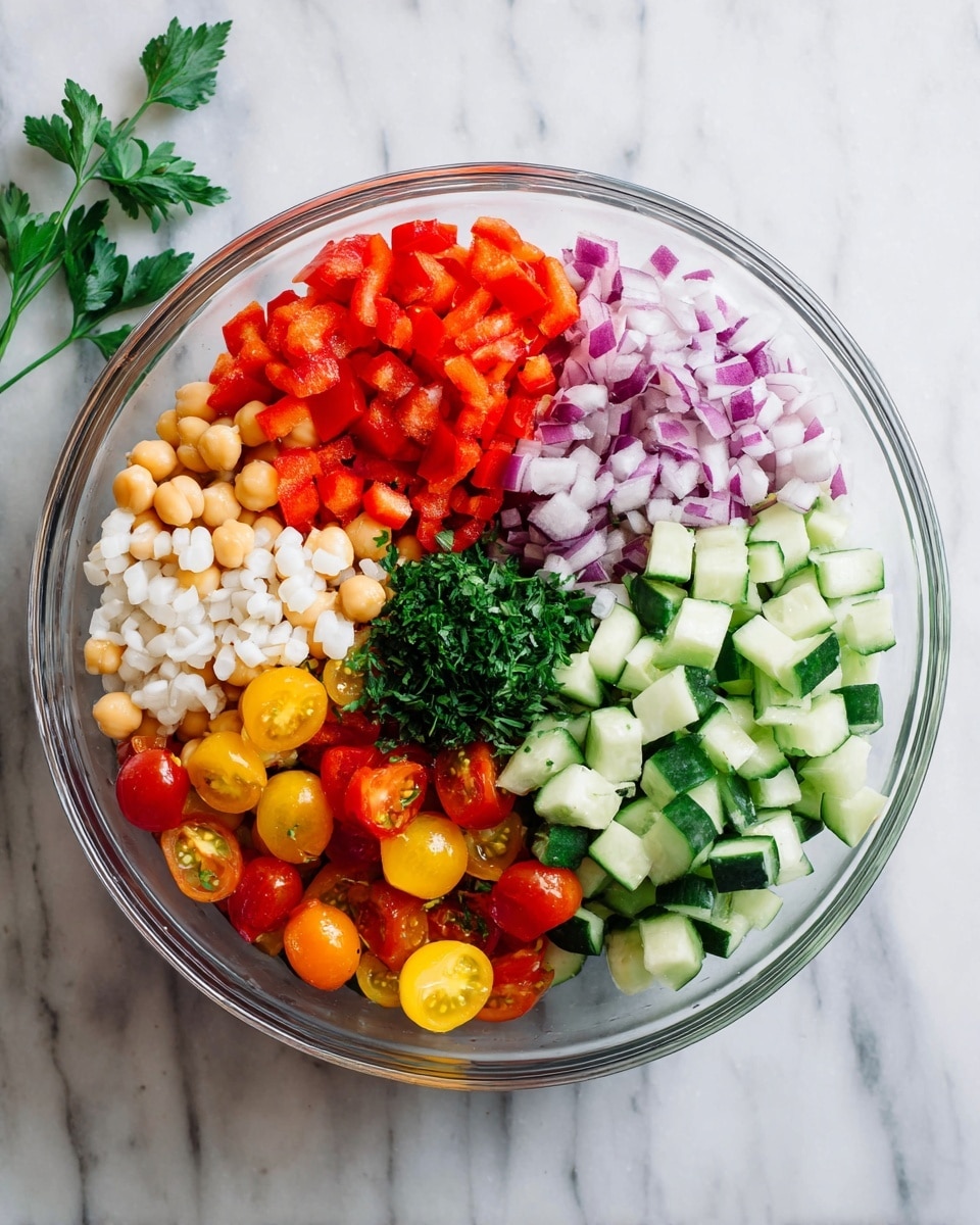 A clear glass bowl sits on a white marbled surface, filled with six separate sections of colorful ingredients. Starting at the top, there is a section of finely chopped red bell peppers with a smooth, glossy texture. Next to it, there are chopped purple onions with a slightly translucent look and a crisp texture. To the right, diced cucumbers with a light green color and fresh appearance fill another part. Below the cucumbers, small white pearl-like grains create a textured layer. The bottom left side has a mix of halved red and yellow cherry tomatoes with juicy, vibrant interiors. Next to the tomatoes, there are light beige chickpeas with a round, smooth surface. In the center of the bowl, a small pile of chopped dark green parsley adds a leafy texture. Sprigs of parsley are also placed on the marbled surface around the bowl. Photo taken with an iphone --ar 4:5 --v 7