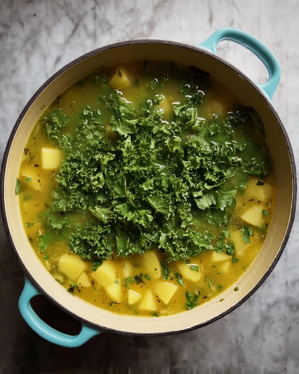 A top view of a light blue pot filled with soup, resting on a white marbled surface. The soup has three visible layers: the bottom layer is chunky with pale yellow potato pieces and small bits of herbs, the middle layer is a clear yellow broth, and the top layer is a large amount of fresh green leafy kale spread across half of the surface. The pot handles are visible on each side, and the soup looks warm with a slight shine on the liquid. Photo taken with an iphone --ar 4:5 --v 7