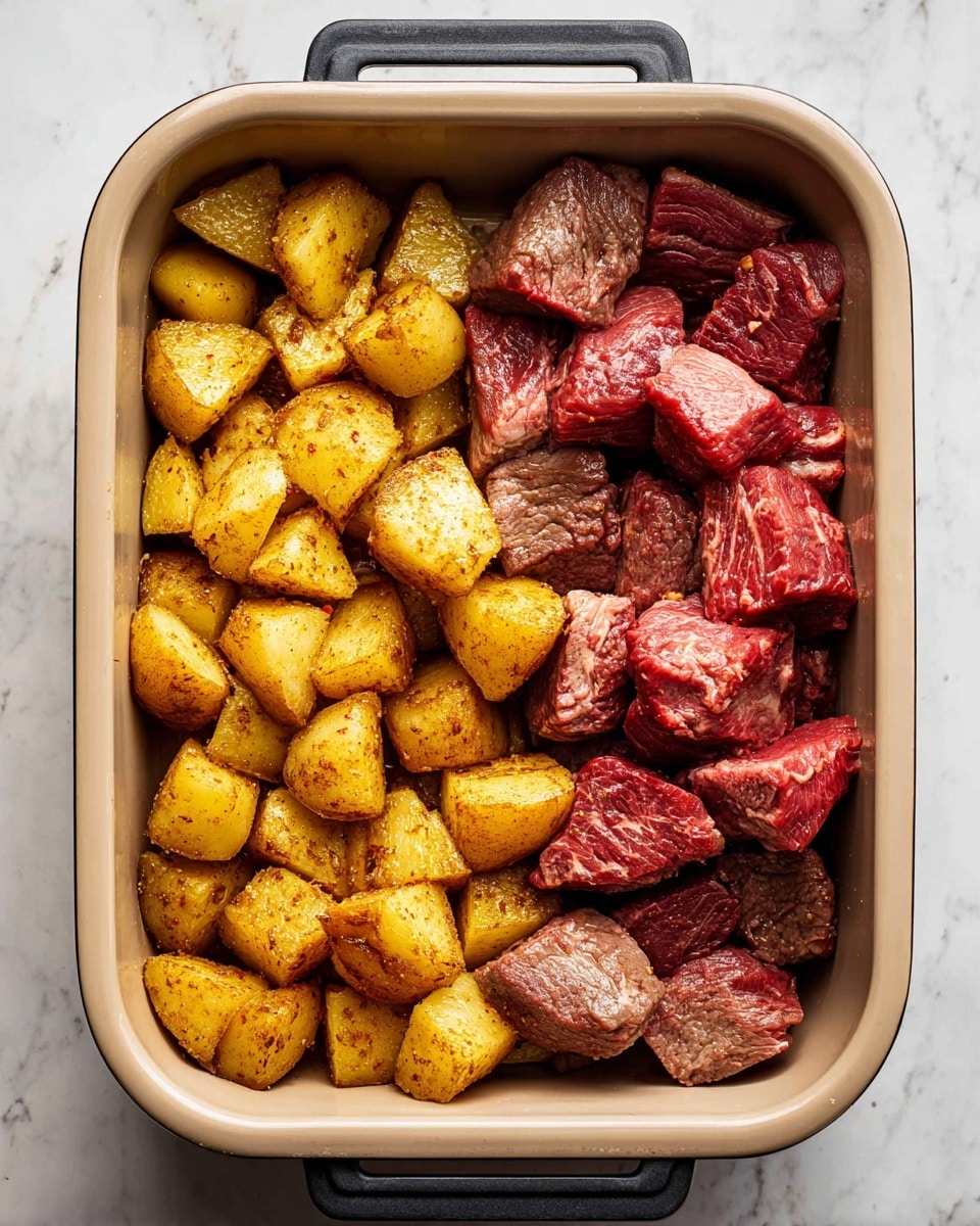 The image shows a rectangular beige tray filled with two types of food placed side by side. On the left, there are many pieces of seasoned, cooked potatoes with a golden brown color and slightly crispy texture. On the right, there are chunks of raw red meat with visible marbling of fat, arranged in a neat pile. The tray has black handles on the sides, and it is placed on a surface with a white marbled texture. Photo taken with an iphone --ar 4:5 --v 7