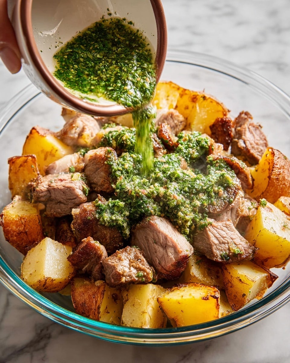 The image shows a clear glass bowl filled with large chunks of cooked meat and golden-brown potato pieces layered together. On top of the meat and potatoes, there is a bright green herb sauce being poured from a small white bowl with a brown rim by a woman's hand. The herb sauce looks fresh and finely chopped. The steam rising from the bowl suggests the food is hot. The background has a white marbled texture. photo taken with an iphone --ar 4:5 --v 7