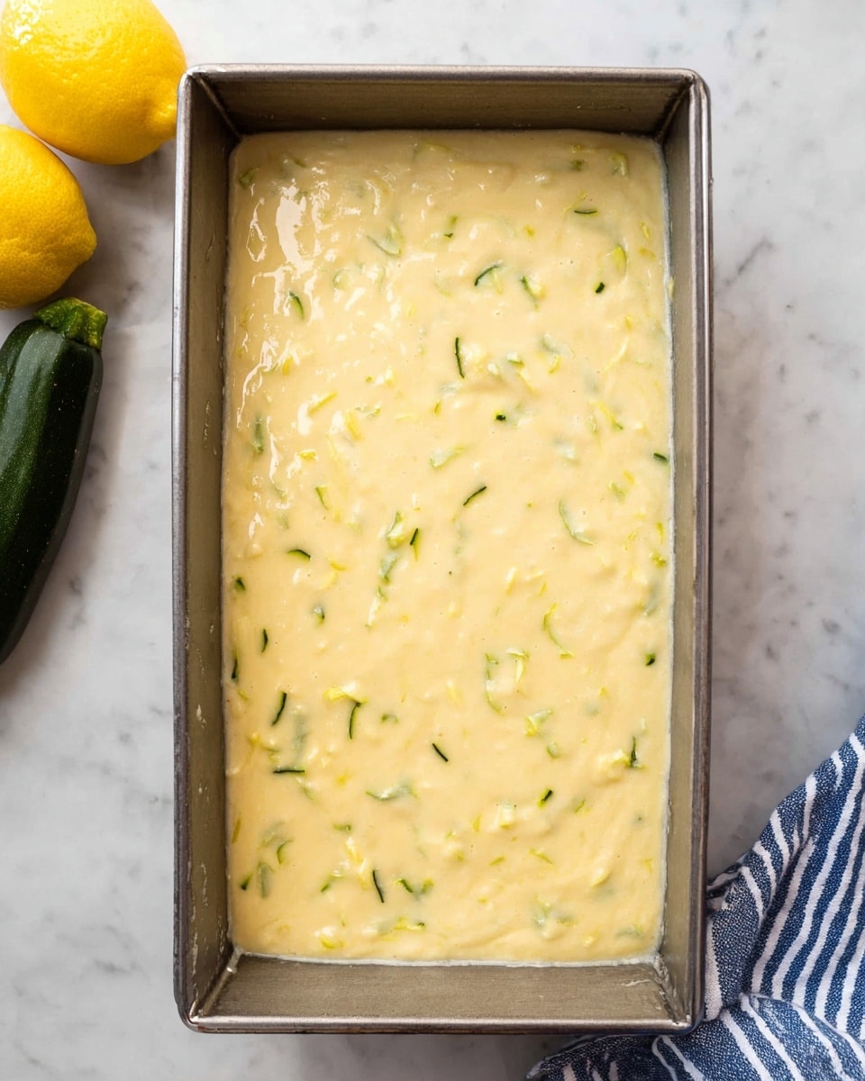 A rectangular metal baking pan filled with a pale yellow batter that has small pieces of green zucchini visible throughout. The batter has a smooth and slightly thick texture, evenly spread inside the pan. The pan is placed on a white marbled surface with two yellow lemons on the left side and a dark green zucchini near the top edge. On the right side, there is a blue and white striped cloth partially visible. Photo taken with an iphone --ar 4:5 --v 7