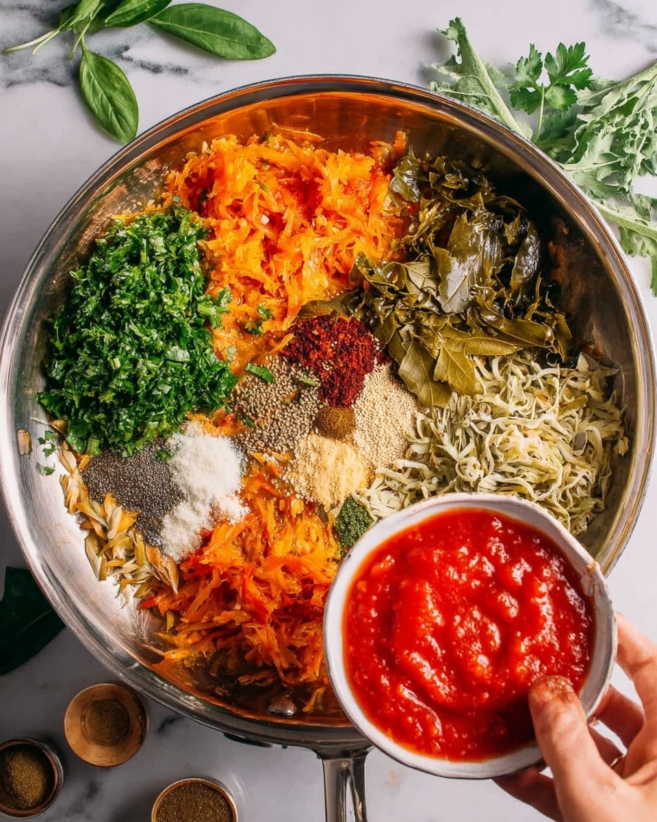 A shiny silver pan holds layers of ingredients arranged in a circle with shredded orange pieces scattered around. On the left side, there are bright green chopped herbs, thick green leaves, and finely chopped parsley. On the upper side, small piles of different spices include red powder, black seeds, pale granules, and light brown flakes. At the bottom right, a woman’s hand holds a small white bowl filled with a thick, bright red sauce poised to pour into the pan. The background shows a white marbled texture with some green leafy herbs on the top right. photo taken with an iphone --ar 4:5 --v 7