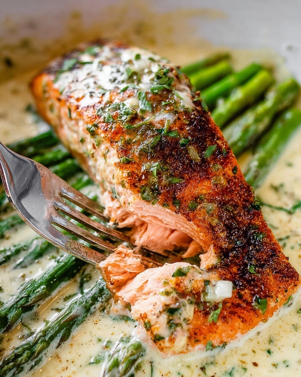 A close-up of a cooked salmon fillet with a browned, slightly crispy top sprinkled with green herbs, sitting on a bed of green asparagus spears. The salmon flesh beneath is a bright pink-orange, looking tender and moist. Surrounding the salmon and asparagus is a creamy sauce with small white onion pieces. A shiny silver fork is gently pulling apart the salmon, showing its soft texture, all placed on a white marbled surface. photo taken with an iphone --ar 4:5 --v 7