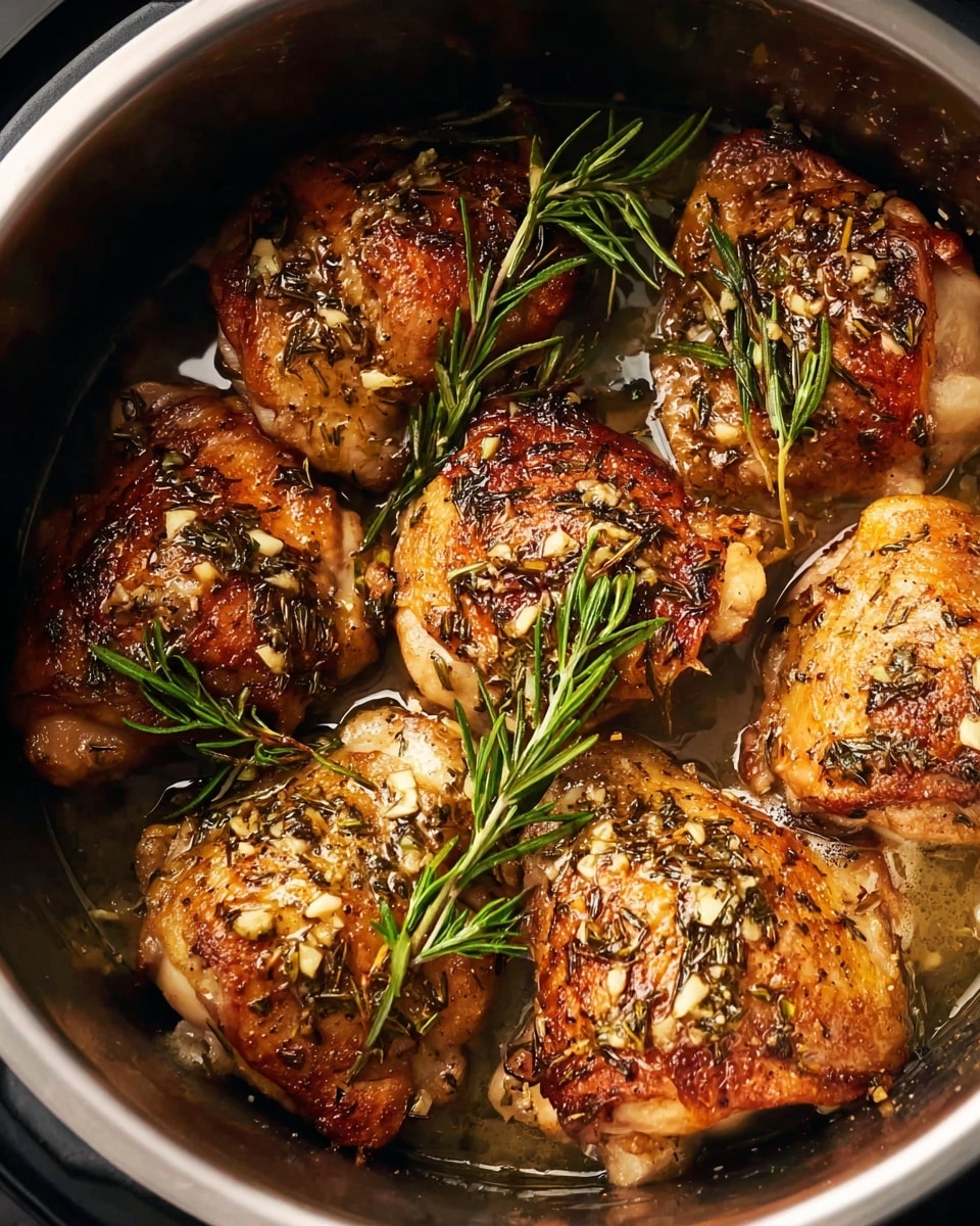 Inside a silver cooking pot, there are six pieces of golden brown cooked chicken thighs arranged closely together. Each piece is covered lightly with a shiny herb sauce that includes visible small bits of garlic and herbs. Green sprigs of rosemary and thyme are placed on top of the chicken for decoration. The surface of the pot is dark metal and looks smooth. The scene is lit softly, highlighting the juicy and textured skin of the chicken photo taken with an iphone --ar 4:5 --v 7