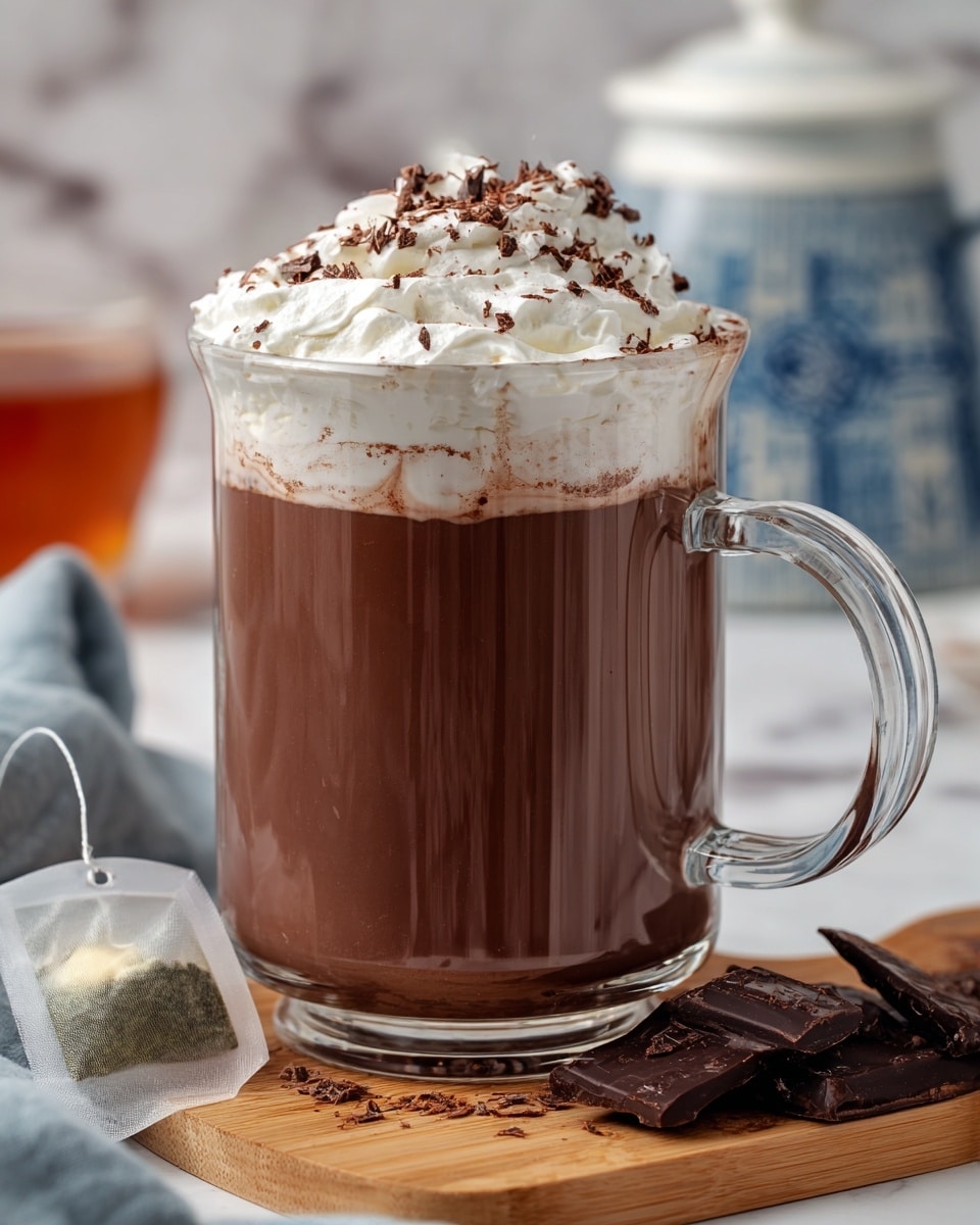 A clear glass mug filled with three layers: the bottom and largest layer is a thick, smooth dark brown hot chocolate, topped with a fluffy white whipped cream layer that peaks in soft swirls, sprinkled with fine chocolate shavings. The mug is on a small wooden board with dark chocolate pieces and a tea bag nearby. In the background, there’s a white marbled surface and softly blurred objects adding soft blue and warm tones. photo taken with an iphone --ar 4:5 --v 7