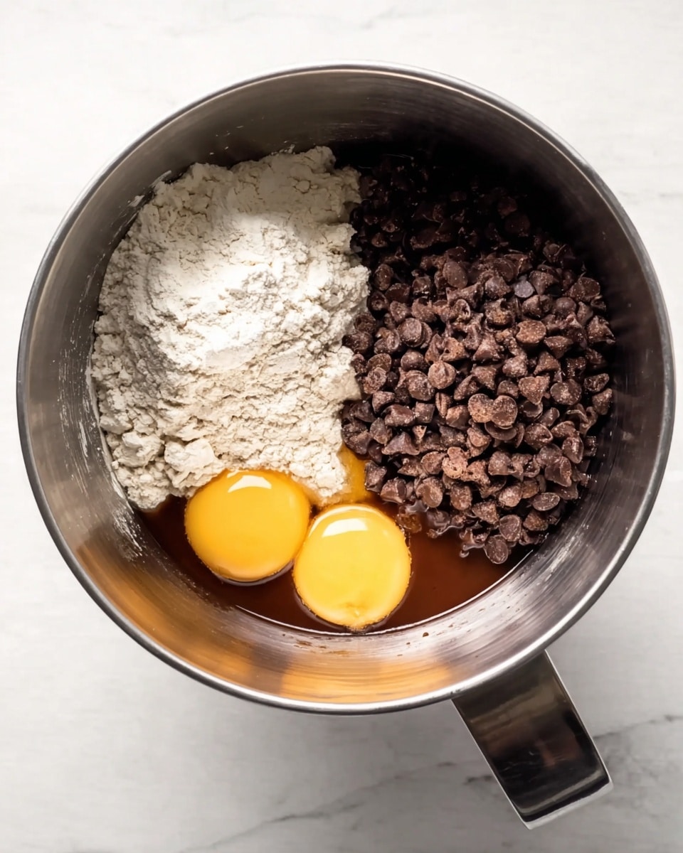 Top view of a metal mixing bowl on a white marbled surface, filled with four main layers of ingredients before mixing. On the top left, there is a mound of white flour with a powdery texture. On the top right, a pile of small, dark brown chocolate chips with a smooth, slightly shiny surface. Below the flour and chocolate chips, two raw eggs with bright yellow yolks and clear, glossy egg whites lay side by side, covering the bottom right area. A dark brown, glossy liquid ingredient fills the bottom left, surrounding the eggs and flour, creating a rich mix. The bowl handle is visible on the right side. Photo taken with an iphone --ar 4:5 --v 7
