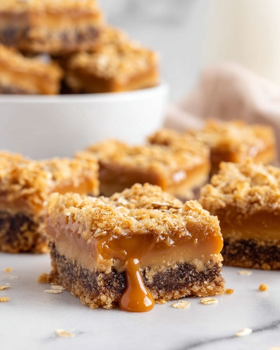 The image shows a close-up of several square dessert bars arranged on a white marbled surface. Each bar has three visible layers: the bottom layer is a dark brown, slightly crumbly crust; the middle layer is a smooth, caramel color that looks soft and sticky; the top layer is golden and crumbly with a rough texture, sprinkled with oats. The caramel layer is slightly dripping from one of the pieces in the front, highlighting its softness, while the crumbly top adds a crunchy look. A white bowl with more bars is blurred in the background, adding context without distracting. photo taken with an iphone --ar 4:5 --v 7