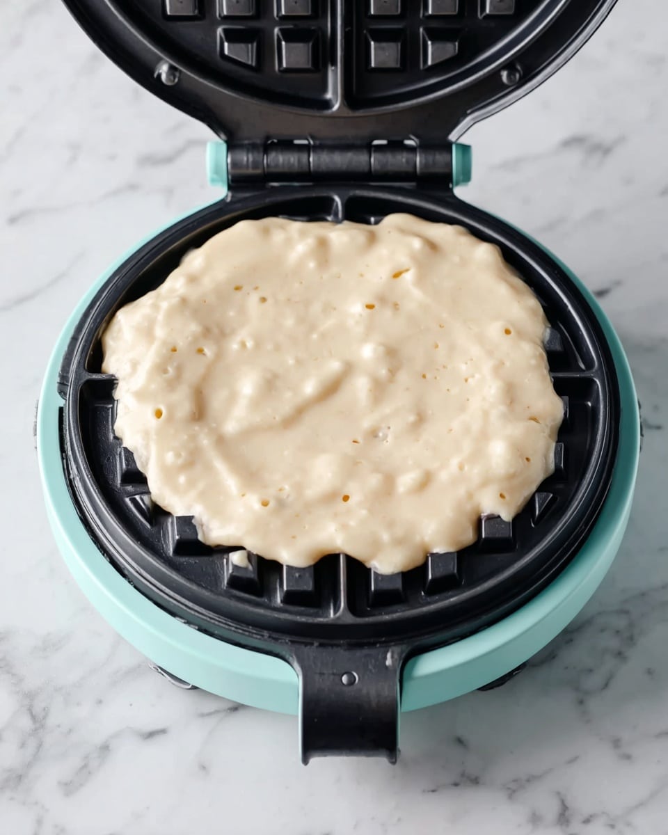 A close-up view of waffle batter spread on the black waffle iron grid inside a light turquoise waffle maker. The batter is pale beige with a slightly lumpy texture and small holes forming on the surface, spilling slightly over the edges of the grid. The waffle iron is open, showing the batter before cooking, placed on a white marbled surface. Photo taken with an iphone --ar 4:5 --v 7