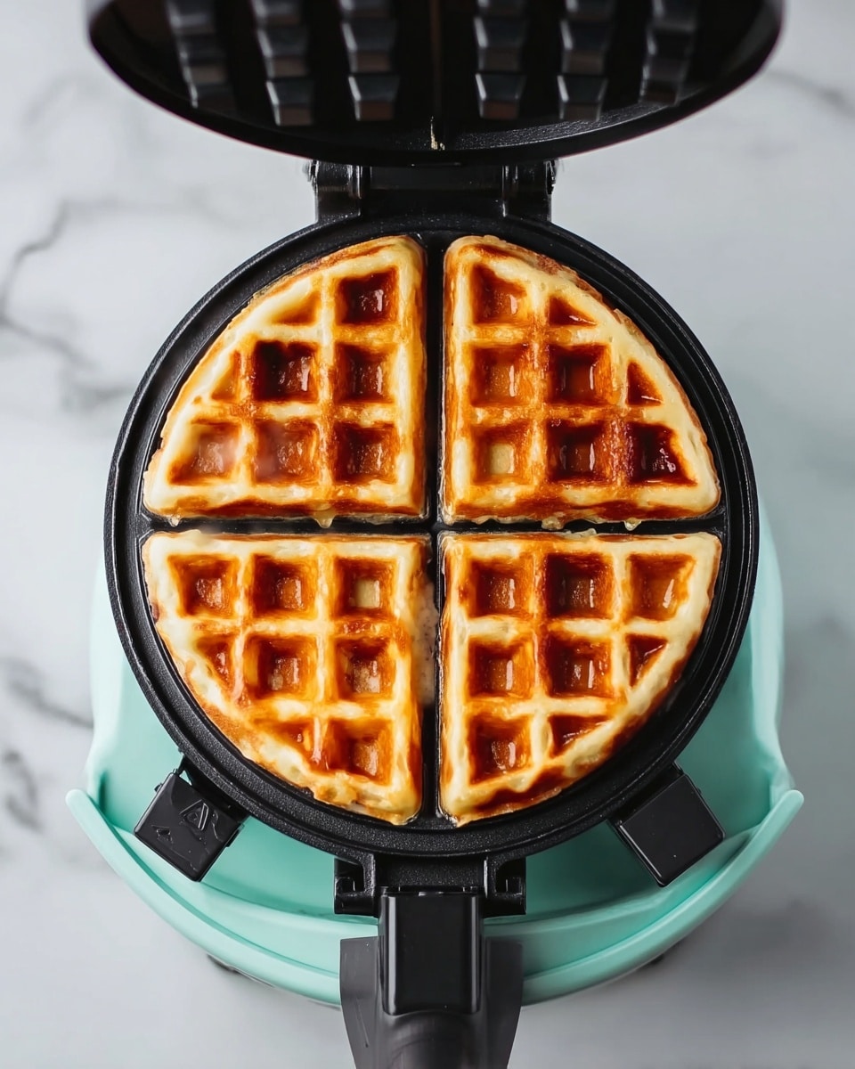 A round, golden waffle with four segments sits inside a waffle maker, its surface evenly browned with a slightly crispy texture and visible grid pattern. Steam rises gently from the waffle, showing it is freshly cooked. The waffle maker is mint green with black cooking plates and handles, and it rests on a white marbled surface. photo taken with an iphone --ar 4:5 --v 7