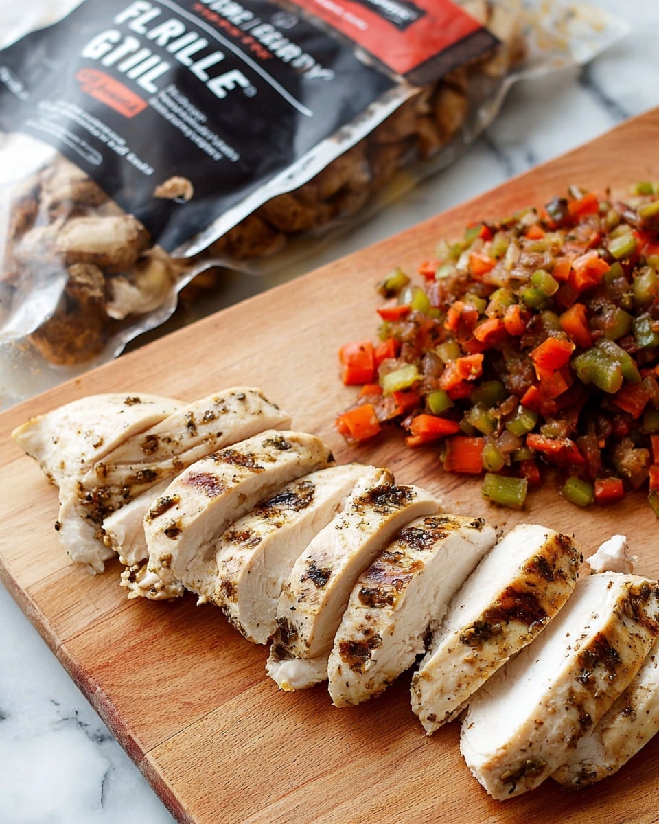 The image shows a wooden cutting board with three rows of sliced grilled chicken pieces arranged horizontally. The chicken is cooked with visible grill marks and seasoning on the light brown surface, with the inside showing a white, juicy texture. To the right of the chicken, there is a mound of cooked diced vegetables, including red, green, and orange pieces, creating a colorful mix. In the upper left corner, part of a package labeled