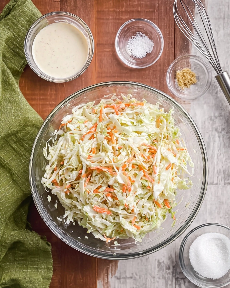 A large clear glass bowl in the center filled with a mix of shredded white cabbage with thin strips of orange carrot scattered throughout. To the top left of the bowl is a small clear glass bowl with a creamy white sauce. Above the big bowl are two smaller clear bowls, one with white salt and the other with minced garlic. To the right side is a metal whisk resting on the white marbled surface. At the bottom right corner, there are two small clear bowls, one filled with white sugar and the other empty. The scene is on a wooden surface with a green cloth partly shown on the left. photo taken with an iphone --ar 4:5 --v 7