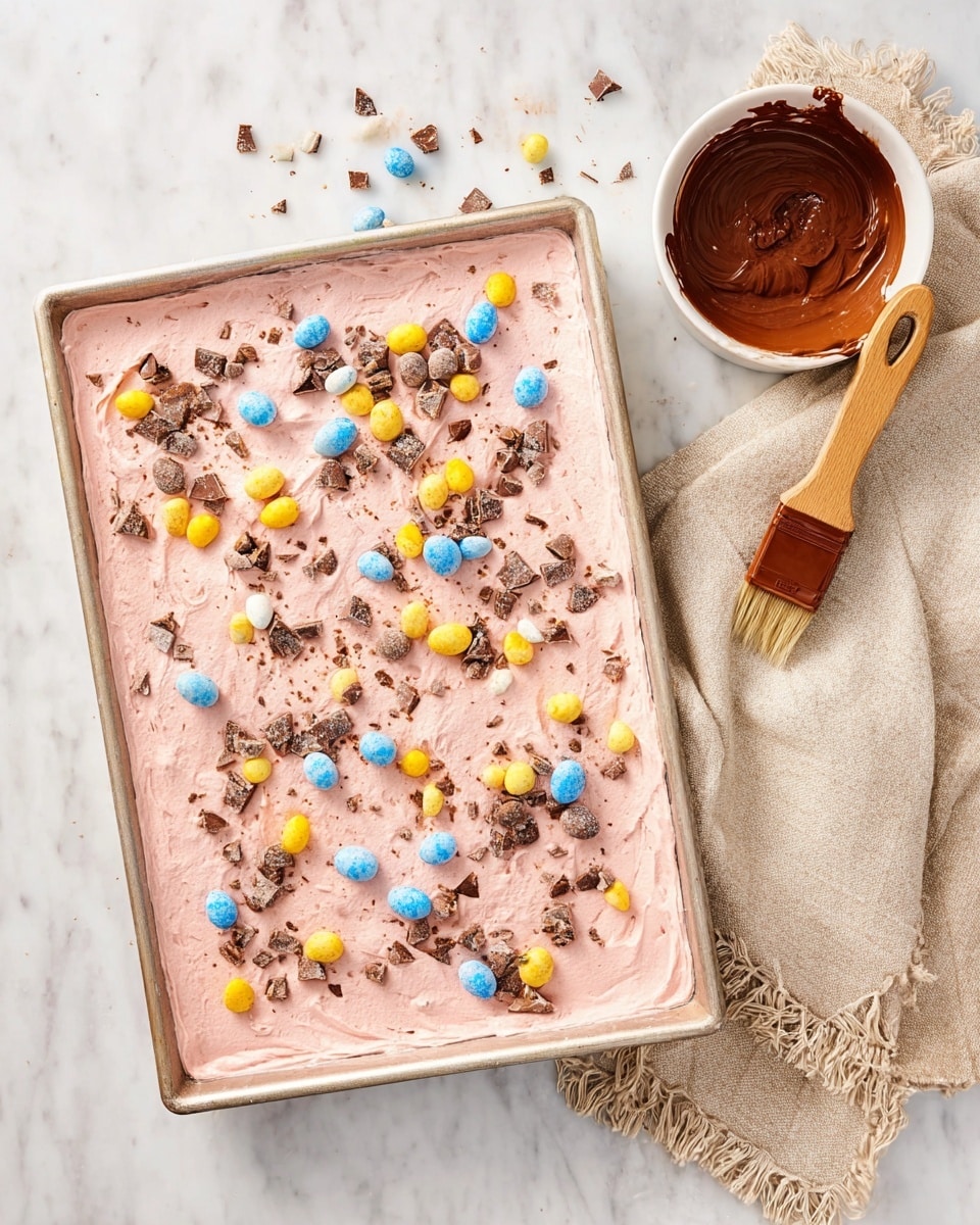 A rectangular baking tray filled with a thick, light pink creamy layer spreads evenly to the edges, topped with broken pieces of blue, yellow, and brown speckled candy eggs scattered across the surface. Around the tray, a white marbled surface supports a white bowl with a messy rim filled with smooth chocolate sauce; a wooden brush with chocolate on its bristles rests on the tray's corner, pointing towards the bowl. A beige cloth with fringed edges is casually placed at the top right corner of the image. The overall setting is bright with soft, natural light. photo taken with an iphone --ar 4:5 --v 7