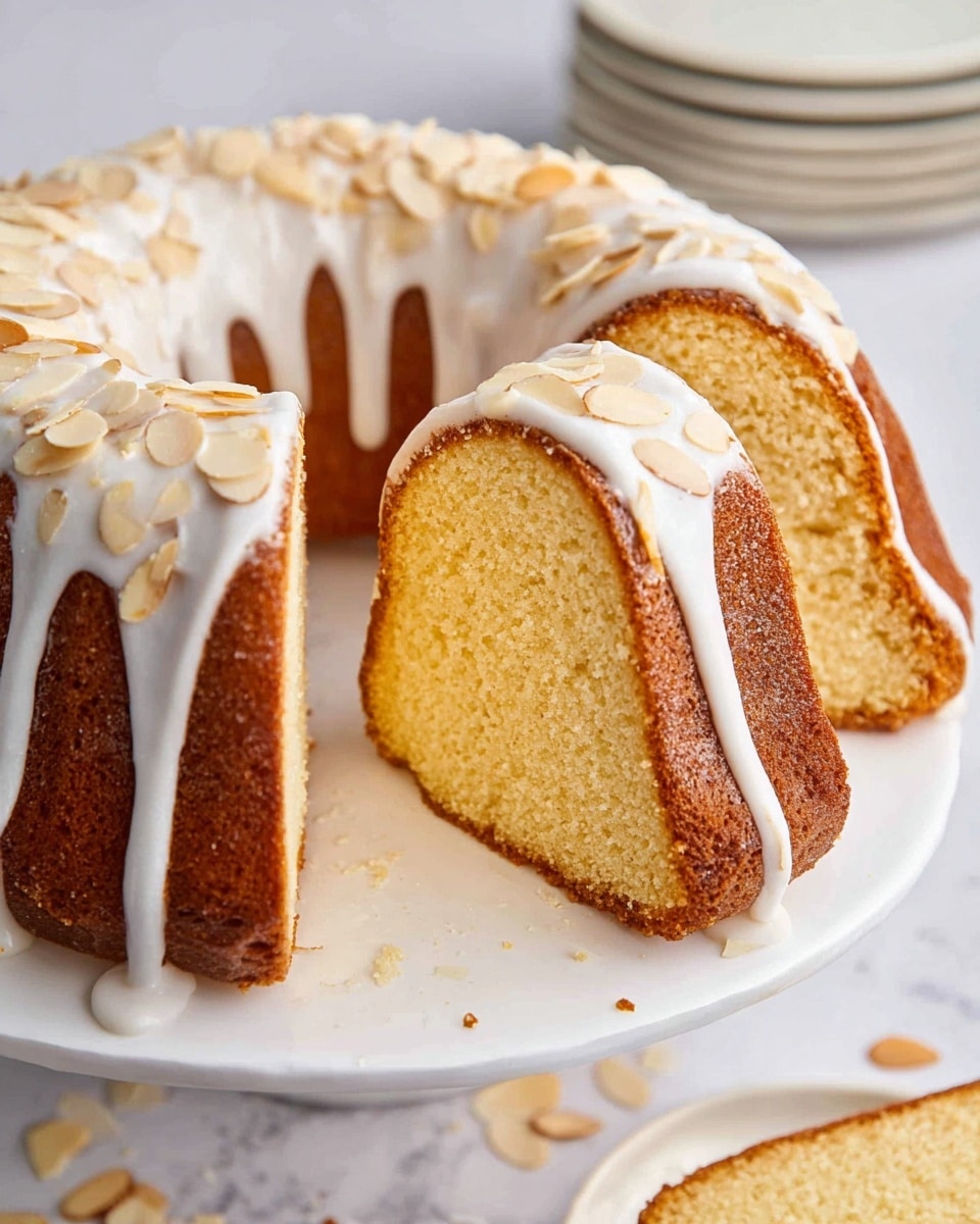 A white bundt cake sliced on a white round cake stand with a soft, light golden inside and a darker golden brown crust, topped with smooth white icing that drips down the sides and is scattered with thin almond slices. Several slices of the cake are laid overlapping, showing the even crumb texture. In the background, there are stacked white plates on a white marbled surface with some cake crumbs and droplets of icing around the base. photo taken with an iphone --ar 4:5 --v 7
