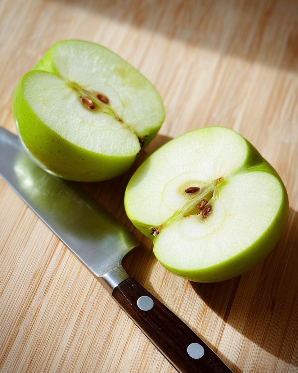 The image shows a green apple sliced into two equal vertical halves placed on a light wooden surface with visible grain patterns. Each half reveals pale green flesh with small brown seeds at the center. Next to the apple halves lies a small kitchen knife with a shiny metallic blade and a dark wooden handle with three silver rivets. The scene is brightly lit, highlighting the fresh texture of the apple and the smooth finish of the knife. photo taken with an iphone --ar 4:5 --v 7