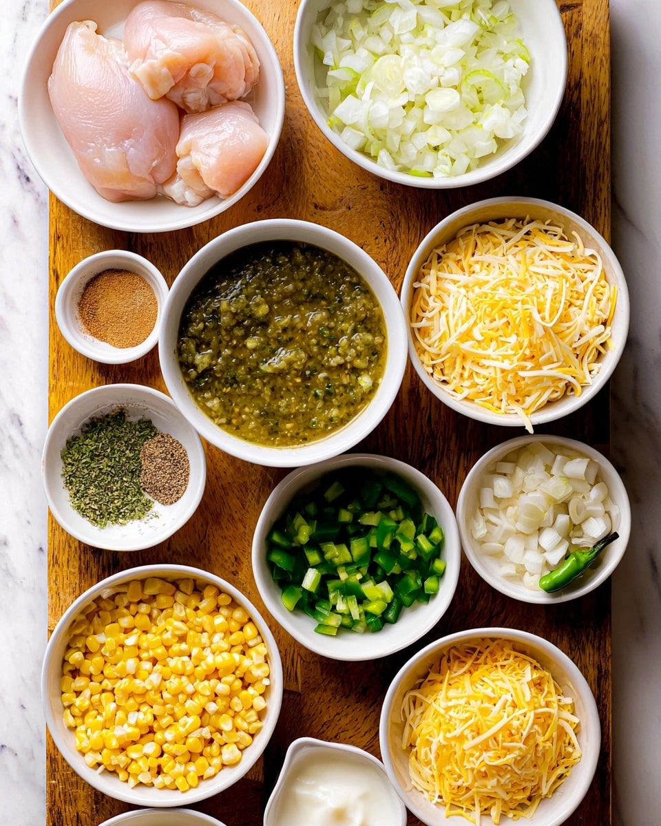 The image shows a wooden board with many small white bowls full of different ingredients. In the top left, there are two light pink raw chicken pieces in a white bowl. Below that, chopped white onion fills another white bowl. To the right of the onion, there is a white bowl with a chunky green sauce that looks like salsa. Further right, a white bowl has shredded yellow cheese. Below the cheese, a small amount of dried herbs sit in a white bowl. In the center, diced green peppers fill a white bowl, with another bowl below it containing ground light brown spices. To the left of the spices, dark green chopped peppers are in a white bowl. At the bottom, two white bowls hold yellow corn kernels and shredded pale yellow cheese. On the right side, minced garlic is in a small white bowl, and a larger white bowl next to it has a white creamy substance. In the middle of the wooden board lies a small green pepper. The whole scene is on a white marbled surface. Photo taken with an iphone --ar 4:5 --v 7