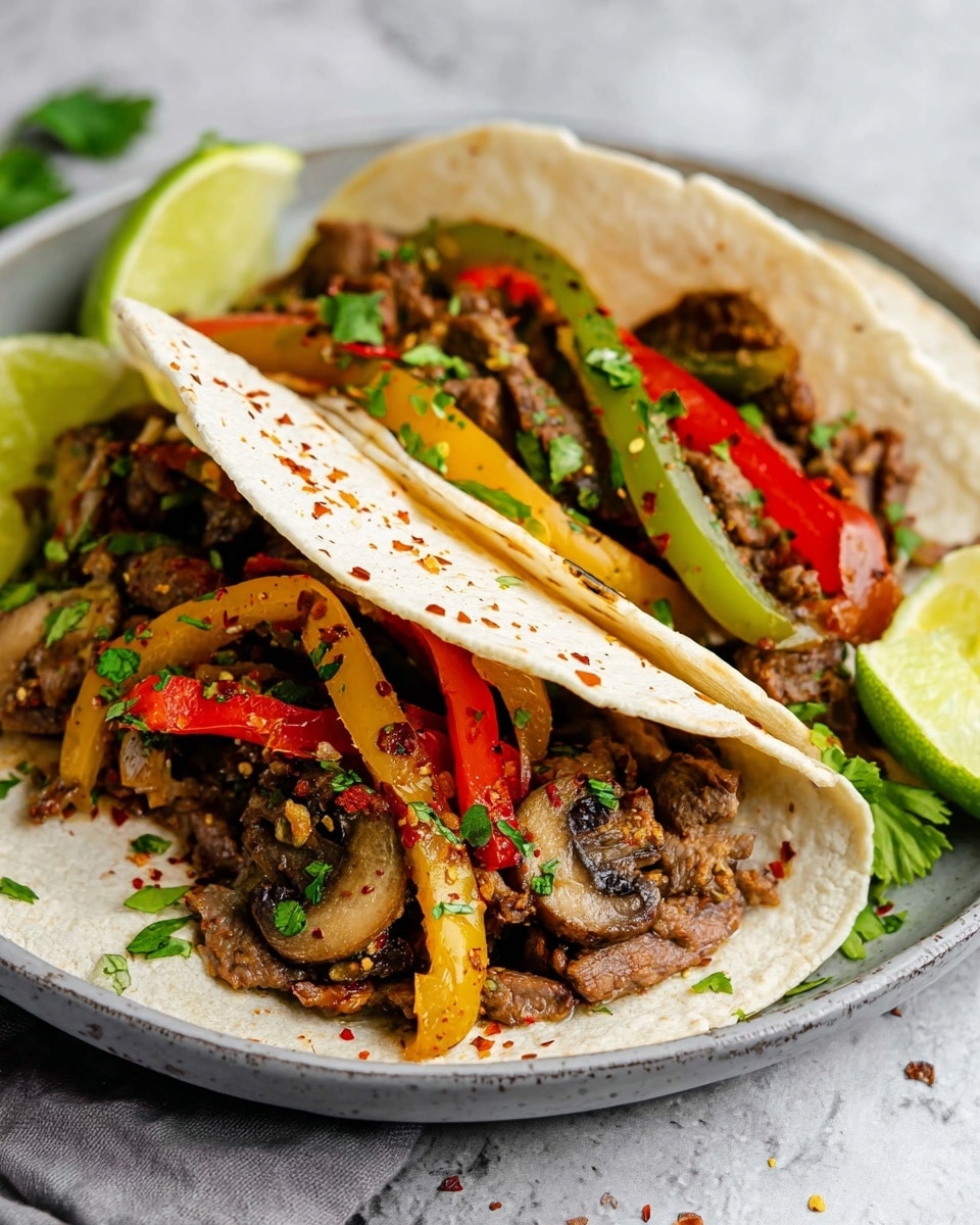 The image shows two soft white tortillas folded and filled with thin slices of cooked brown beef, alongside colorful strips of red, yellow, and green bell peppers and mushrooms. The filling is garnished with chopped green herbs, likely cilantro, and a light sprinkle of red pepper flakes. The tacos are served on a white plate with a soft texture, placed on a white marbled surface. There are lime wedges on the side, adding a fresh touch to the presentation. Photo taken with an iphone --ar 4:5 --v 7