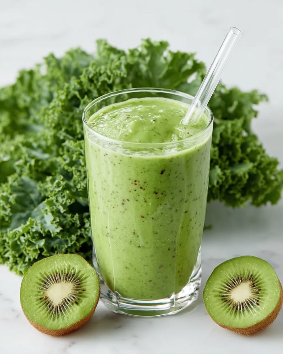 A clear glass filled with a thick, light green smoothie that has tiny darker green specks throughout, with a clear straw inserted near the center; the glass sits on a white marbled surface. Around the glass are bright green kale leaves and two slices of kiwi, one on each side, both showing their brown outer skin and bright green flesh with a white and black seed pattern in the middle. Photo taken with an iphone --ar 4:5 --v 7
