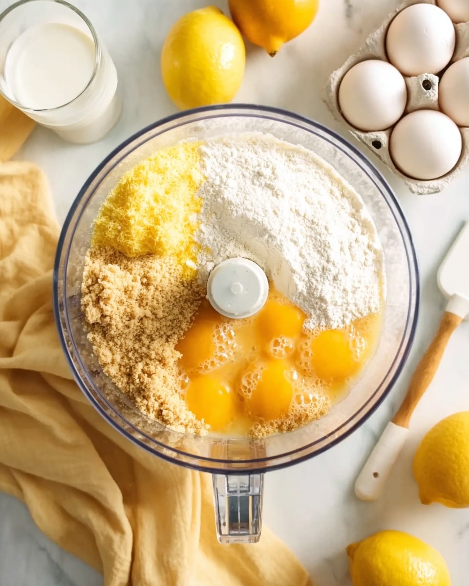 A top view of a clear round food processor bowl filled with four distinct layers of ingredients: on the left side, a pale yellow zest layer, above it a white flour layer taking up the top half, below the zest and flour layers a light tan crumbly layer, and on the right half, bright orange egg yolks with some frothy white bubbles. Around the bowl, there are whole eggs in a white carton at the top right, whole lemons at the top center, two clear glasses of milk at the top left, and a white spatula with a wooden handle lying on a soft yellow cloth on a white marbled surface. photo taken with an iphone --ar 4:5 --v 7