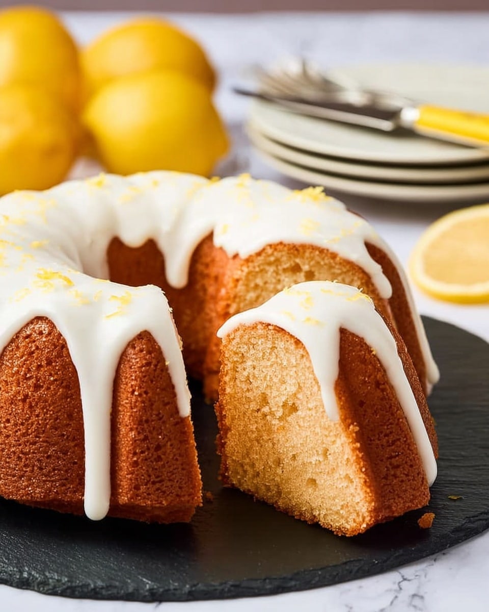 A round bundt cake with a golden-brown crust is shown with one wedge sliced out, revealing a light, dense inside. The cake is topped with white icing that drips down in thick, smooth layers. Small bits of lemon zest are sprinkled on top of the icing. The cake sits on a dark slate serving board placed on a white marbled surface. In the background, there are whole yellow lemons, a white plate stack with two silver forks on top, and a knife with a yellow handle beside the slate board. photo taken with an iphone --ar 4:5 --v 7