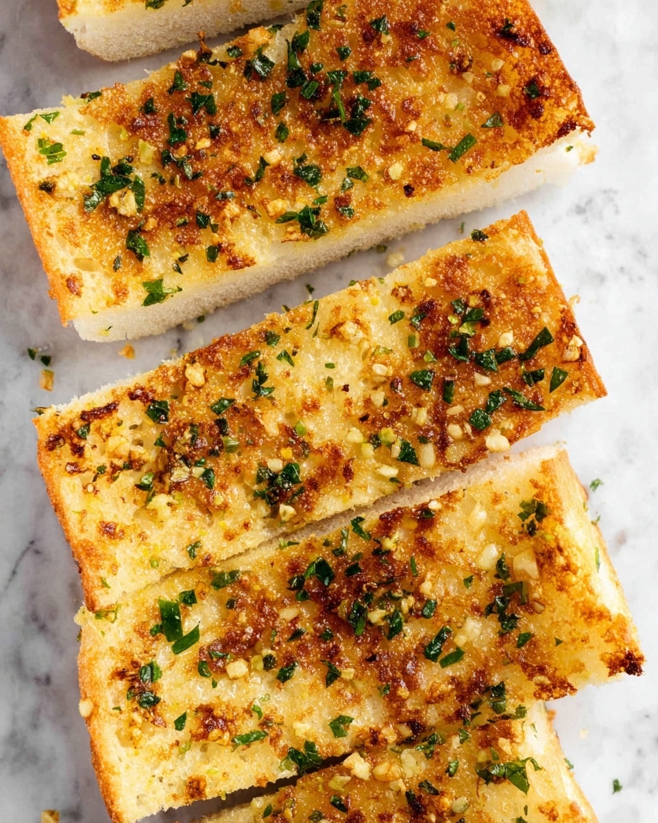The image shows four rectangular slices of garlic bread arranged closely together on a white marbled surface. Each slice has a slightly toasted golden-brown top layer with visible bits of minced garlic and green parsley sprinkled evenly across, giving a textured and flavorful look. The bread underneath is soft and light cream in color, contrasting with the crispy, browned top. The edges of the bread appear fluffy and soft, showing the thickness of each slice. Photo taken with an iphone --ar 4:5 --v 7