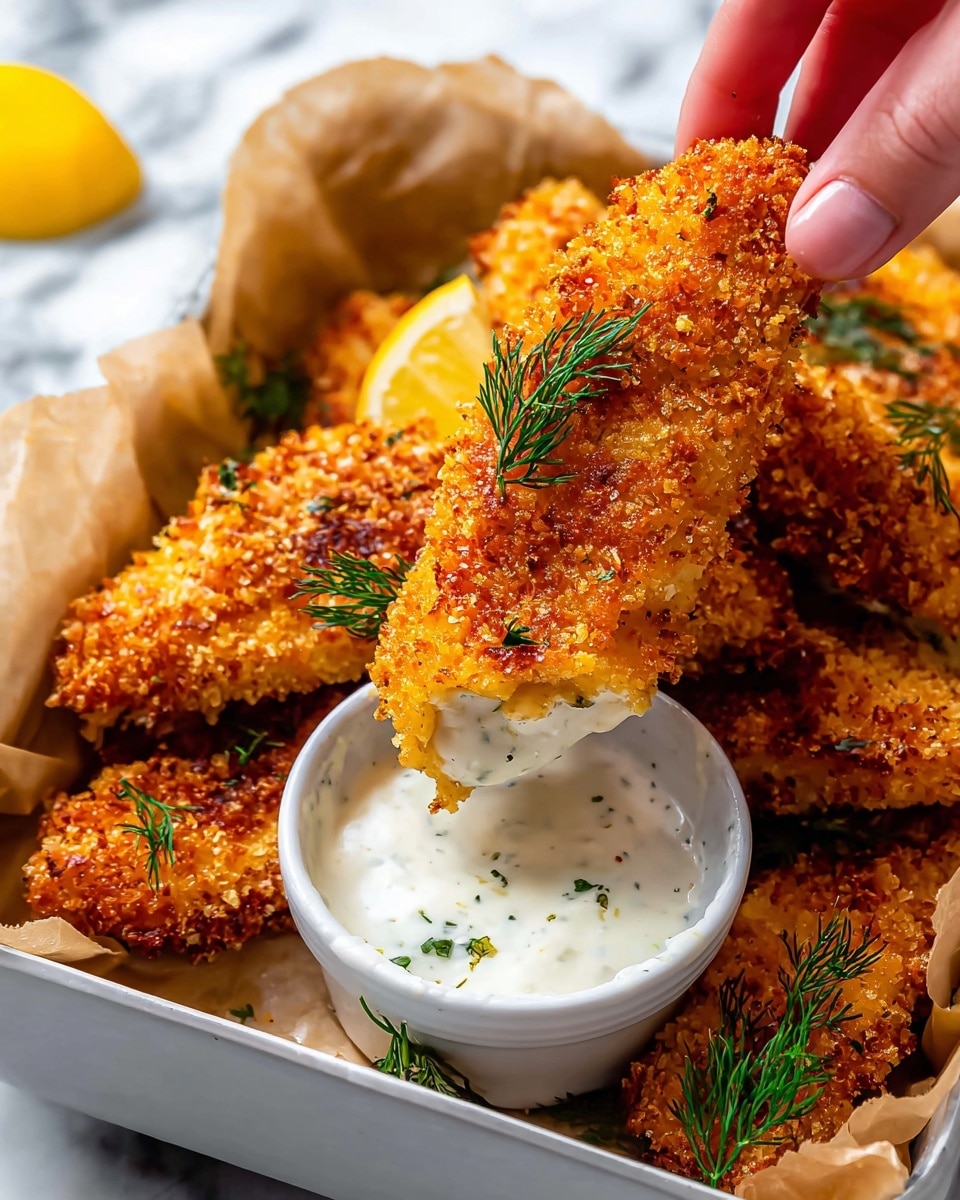 The image shows a white tray lined with light brown parchment paper holding several pieces of golden brown crispy breaded chicken tenders. Each tender is coated in a crunchy crumb layer that looks textured and slightly uneven, with a few small green dill sprigs scattered on top. A woman's hand is dipping one tender into a small, white, round bowl filled with creamy white ranch sauce. The background surface is white marble with subtle gray veining. In the corner of the tray, a lemon wedge adds a bright yellow contrast. Photo taken with an iphone --ar 4:5 --v 7