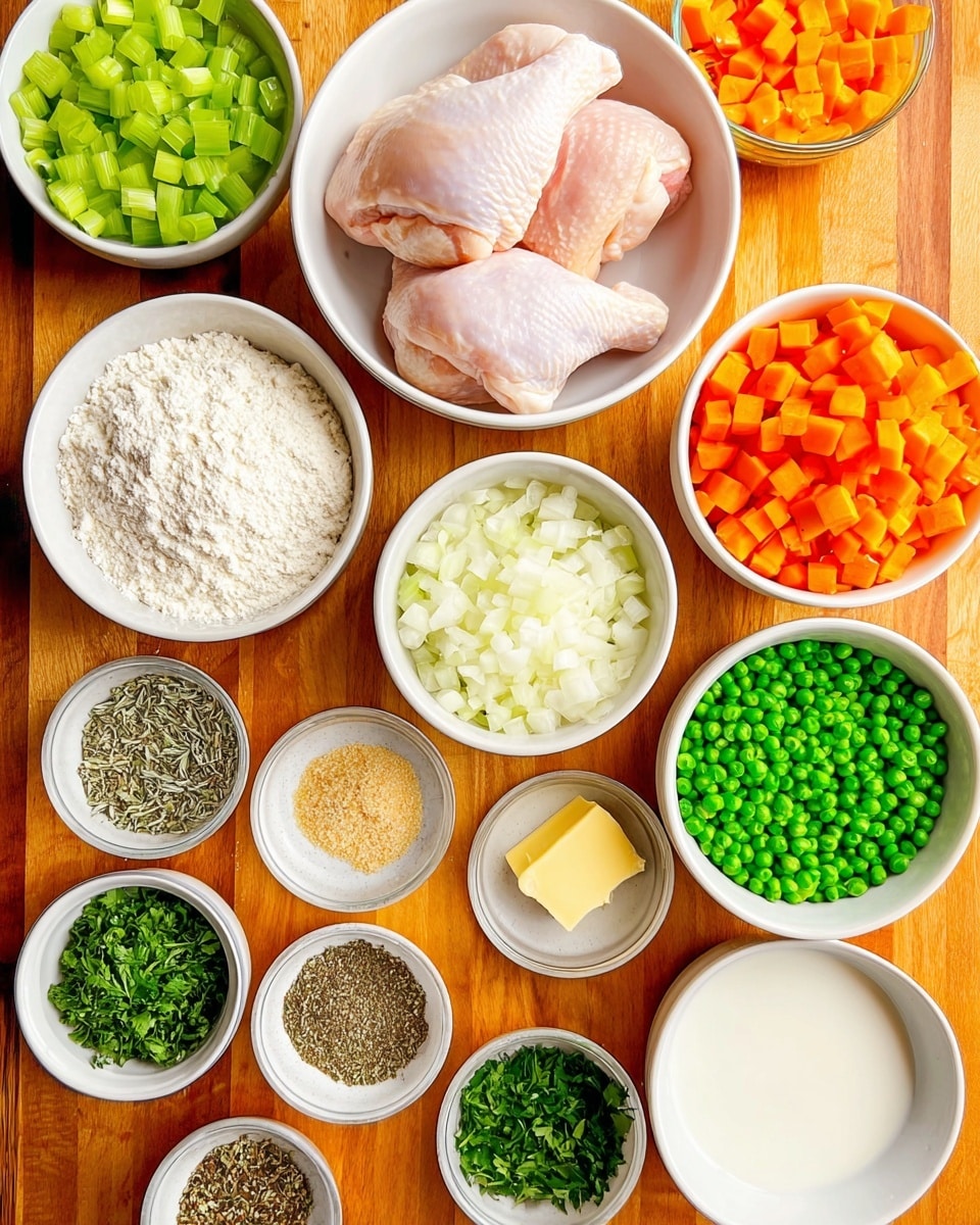 The image shows an overhead view of several white bowls arranged on a wooden surface. At the top center, there are three raw chicken pieces with a light pinkish color on a white bowl. Surrounding it are chopped green celery on the left, chopped white onions in the middle, and chopped orange carrots on the right. Below these, smaller white bowls hold white flour, minced garlic, and a small block of pale yellow butter. Further down, there are bowls with a mix of dried herbs in various shades of green and brown, alongside salt and pepper, chopped fresh parsley, grated pale yellow cheese, and bright green frozen peas. A white bowl of milk or cream is placed at the bottom right. All ingredients are neatly arranged and clearly visible, with a warm wooden texture under them. photo taken with an iphone --ar 4:5 --v 7