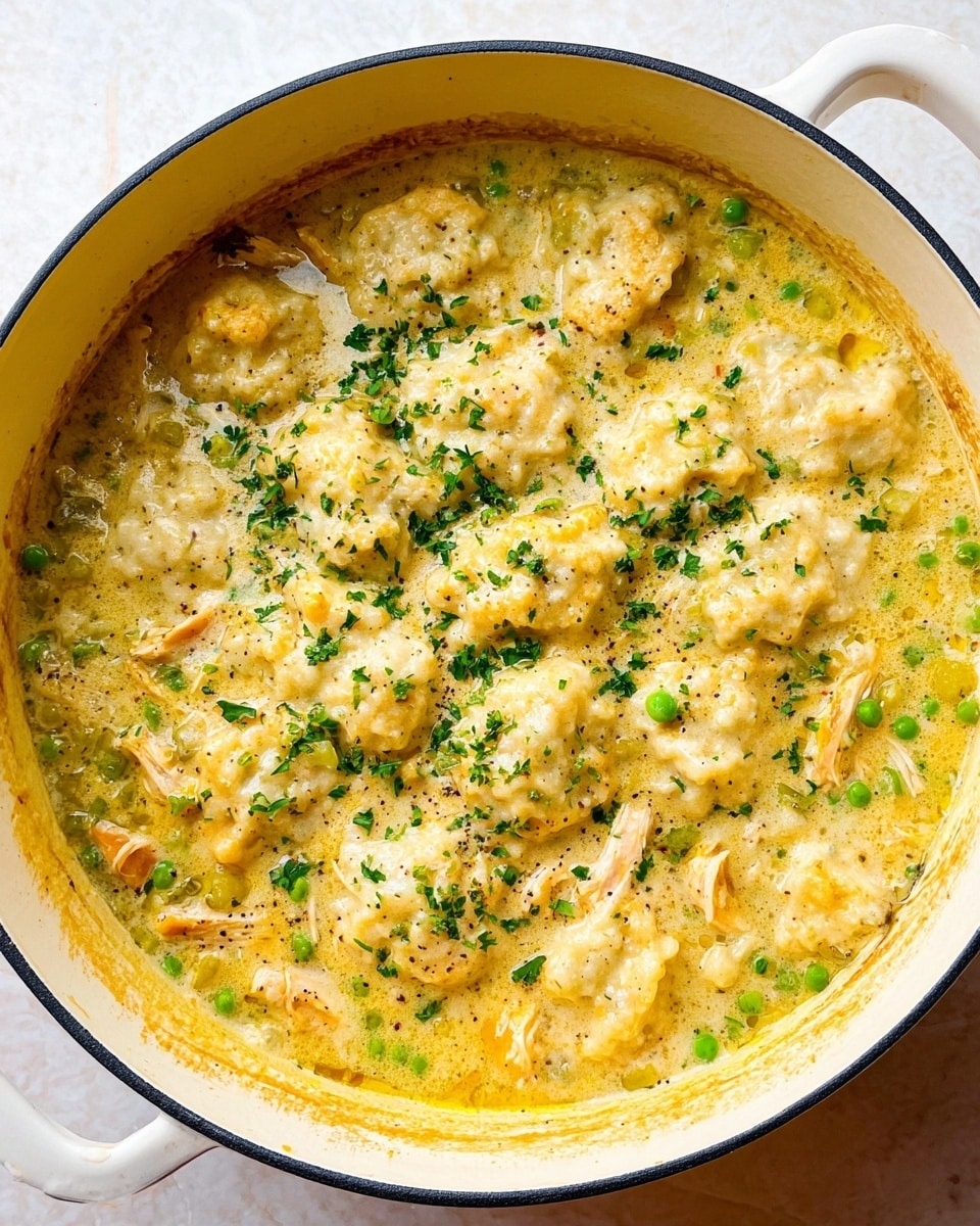 The image shows a large white pot filled with a creamy chicken and dumplings dish. The top layer has light golden, soft dumplings with a slightly bumpy texture scattered throughout. Below and mixed within are small green peas and tender pieces of shredded chicken. The broth is creamy and pale yellow with small bits of green herbs sprinkled on top and a light drizzle of oil, giving a shiny look. The pot sits on a white marbled surface. Photo taken with an iphone --ar 4:5 --v 7