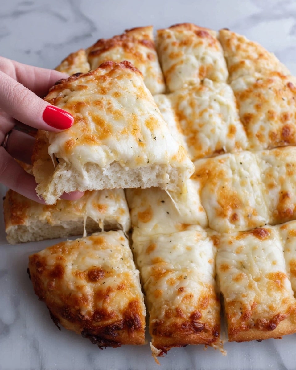 A white round pizza is cut into nine square slices, each topped with a thick layer of melted white and light yellow cheese that looks soft and stretchy. The crust edges are golden brown and slightly crispy, forming a ring around the cheese-covered center. A woman's hand with red-painted nails holds one slice above the pizza, showing the fluffy, airy inside of the dough under the cheese. The pizza sits on a white marbled surface. photo taken with an iphone --ar 4:5 --v 7