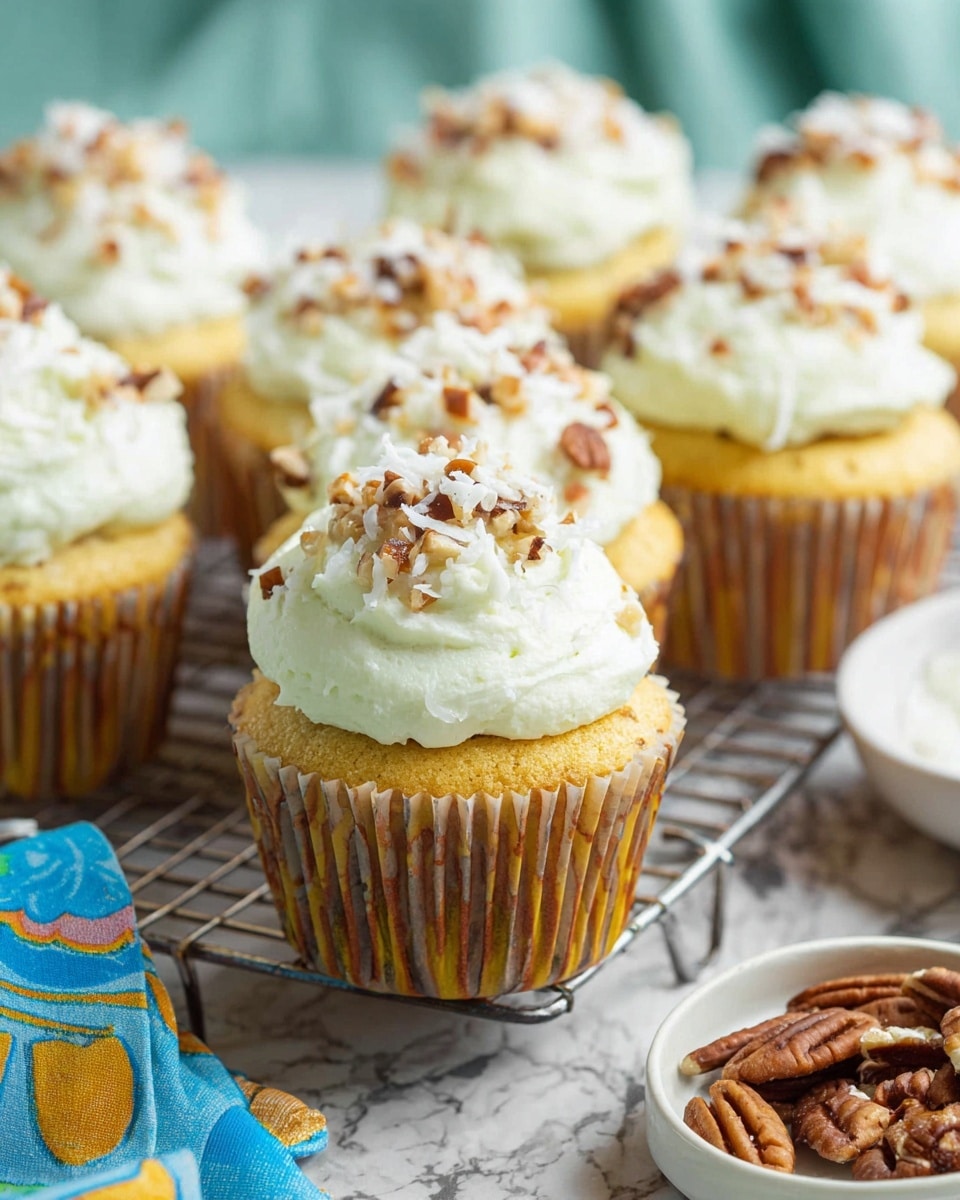 The image shows several cupcakes with three visible layers: the base is a light golden yellow cake sitting inside a striped paper cup, the middle layer is a generous mound of white frosting that looks soft and fluffy, and the top layer is sprinkled with small brown nut pieces and white shredded coconut. The cupcakes are arranged on a metal cooling rack, placed on a white marbled surface. Next to the cupcakes, on the right side, there is a white bowl with some pecans and a colorful cloth with blue and yellow patterns is partially visible in the lower-left corner. photo taken with an iphone --ar 4:5 --v 7