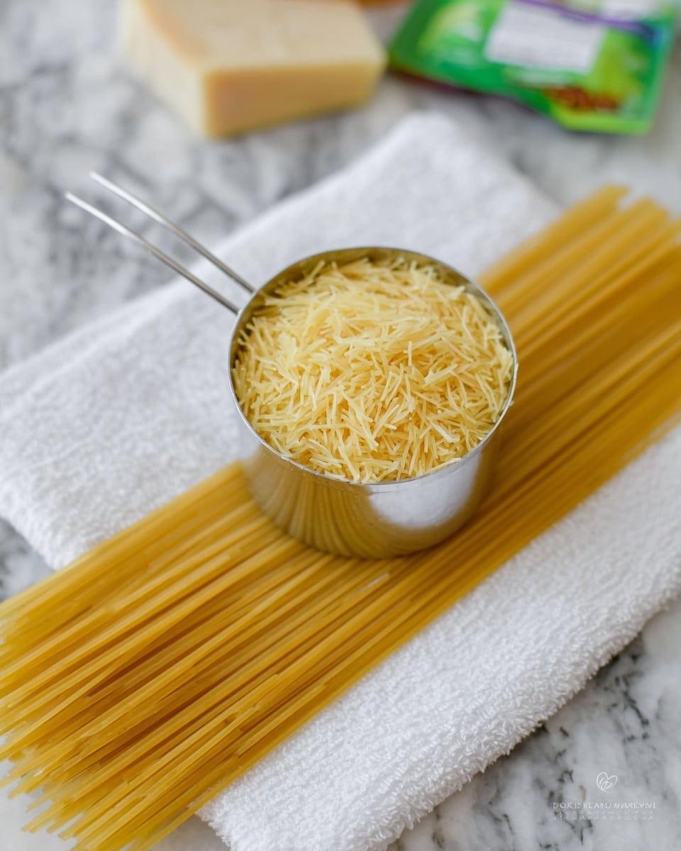 The image shows a metal measuring cup filled with pale yellow, thin dry vermicelli pasta sticks, placed on a white towel. Below the cup, on the same towel, there is a bundle of long, straight, uncooked spaghetti pasta in a similar yellow shade. The background is a white marbled surface, with some blurred product packaging showing green and other colors in the distance. Photo taken with an iphone --ar 4:5 --v 7