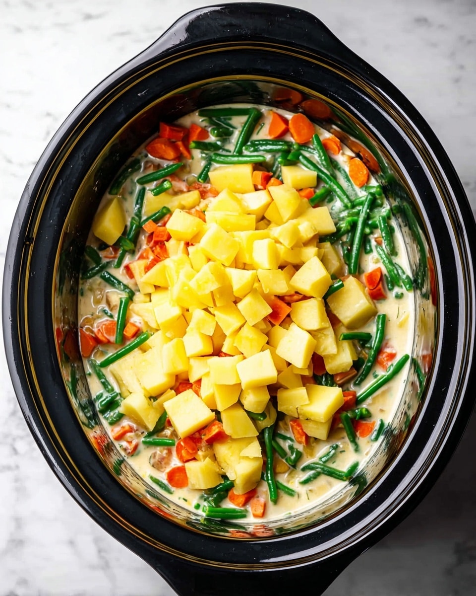 A black slow cooker filled with layers of ingredients starting with a creamy white sauce at the bottom, topped with a colorful mix of green beans and small orange carrot pieces, and finished with a large pile of bright yellow cubed potatoes covering the center. The slow cooker sits on a white marbled surface. Photo taken with an iphone --ar 4:5 --v 7