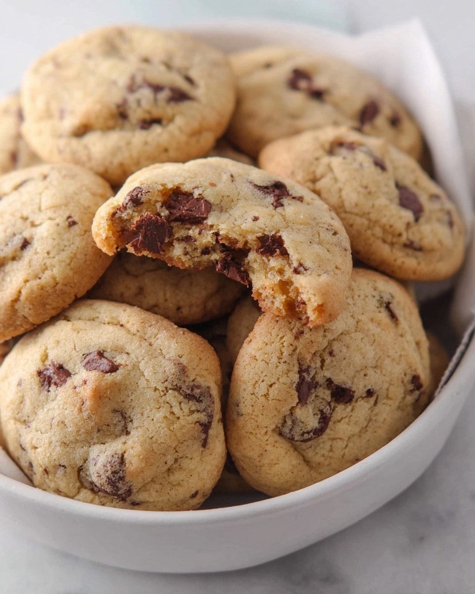 A white bowl holds a pile of soft chocolate chip cookies with a light golden brown color and slightly bumpy texture; the cookies are thick and round with visible dark chocolate chips scattered on their surface. The top cookie is broken with a bite taken from it, showing a soft, slightly crumbly inside and melted chocolate. The bowl is placed on a white marbled surface, and soft light softly highlights the cookies' texture. photo taken with an iphone --ar 4:5 --v 7