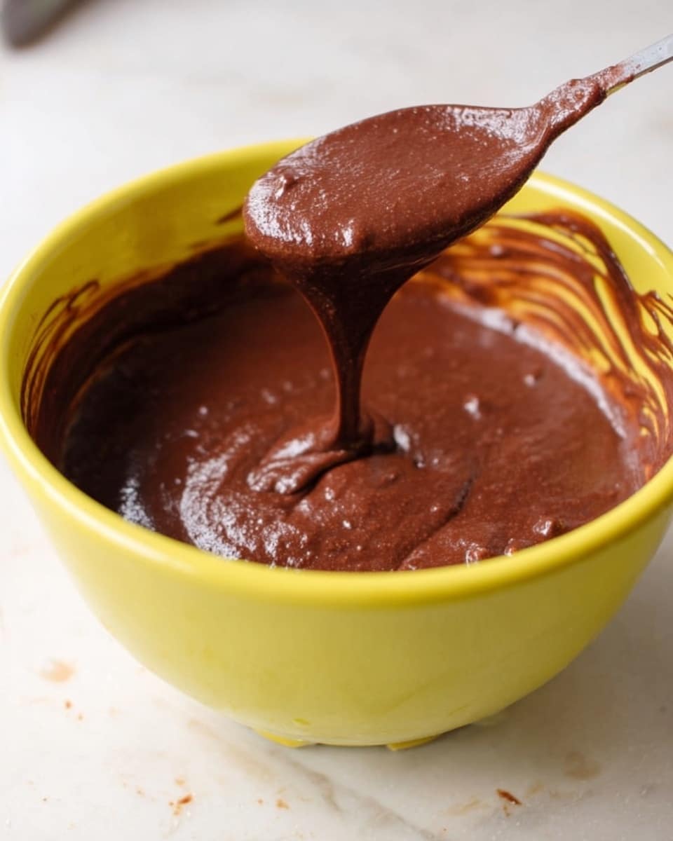 A close-up of a yellow bowl filled with thick chocolate batter. The batter is smooth with small lumps and has a rich dark brown color. A spoon in the center, covered in the chocolate batter, is lifting some batter above the bowl, showing its thick and glossy texture. The inside sides of the bowl have streaks of chocolate batter. The background is a white marbled surface. photo taken with an iphone --ar 4:5 --v 7