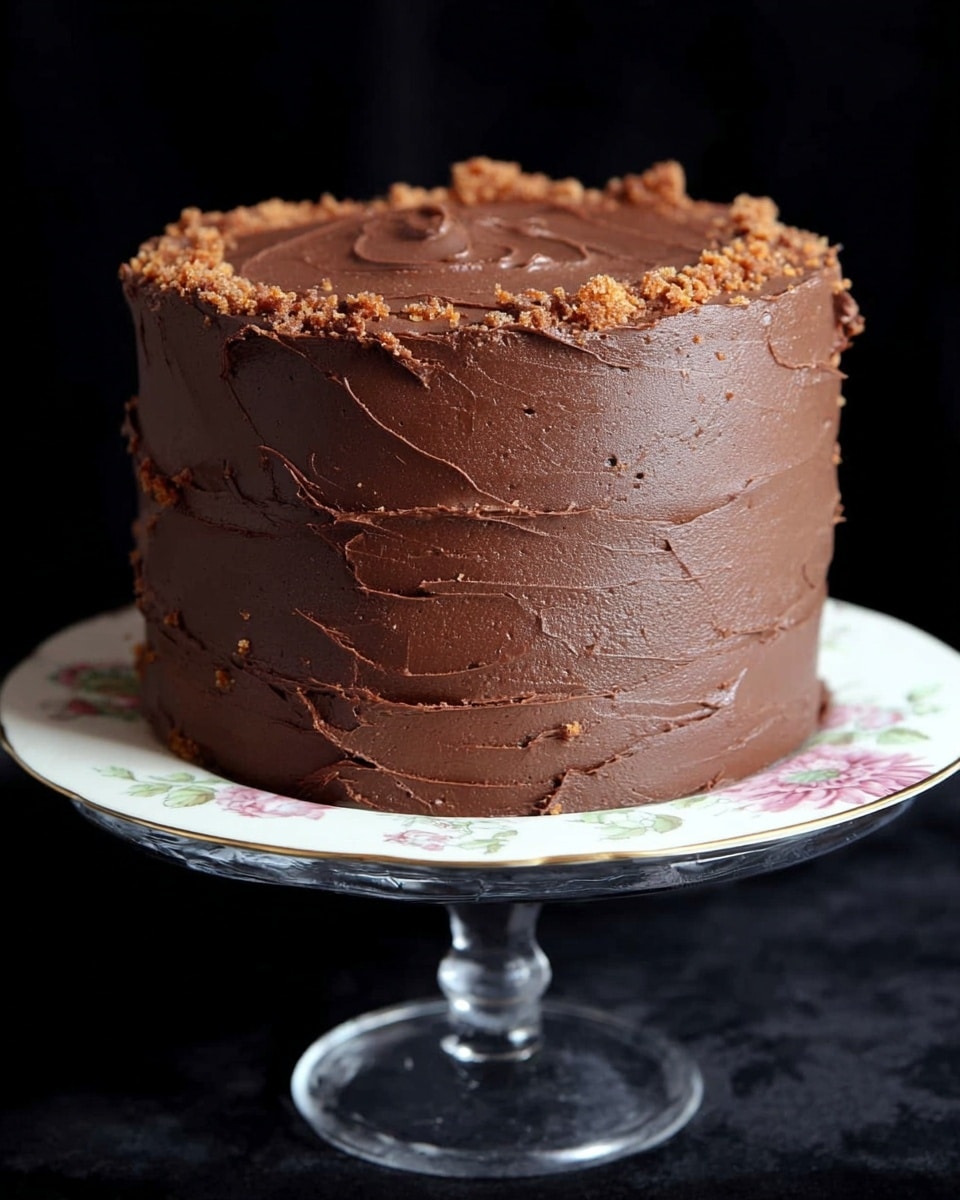 The image shows a tall cake with three thick layers covered in smooth, dark brown chocolate frosting with some textured swirls on the surface. The top of the cake has some small brown crumbs scattered over it. The cake sits on a white plate with delicate floral patterns, which is placed on a clear glass cake stand. The background is plain black, making the cake stand out. Photo taken with an iphone --ar 4:5 --v 7