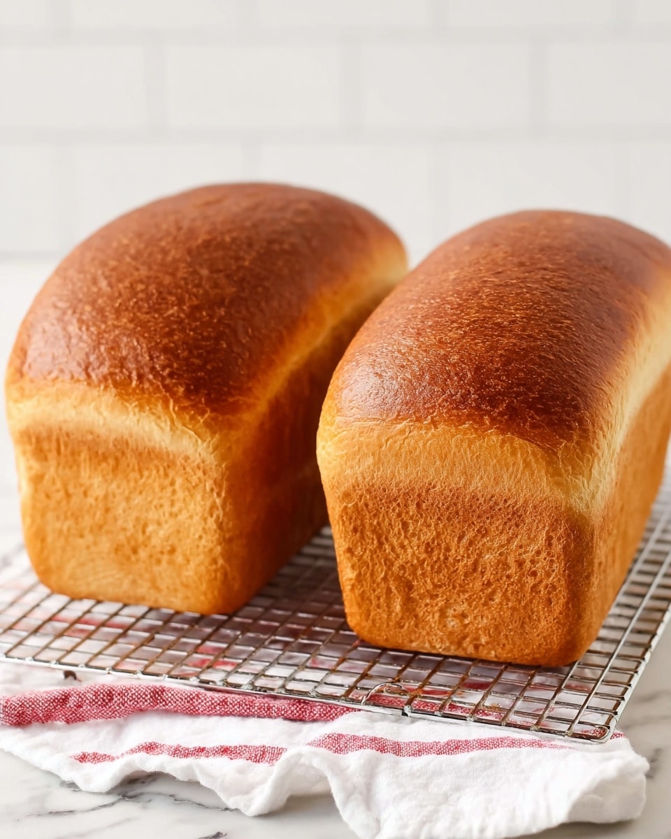 Two whole golden-brown loaves of bread sit side by side on a metal cooling rack. The bread has a smooth, slightly shiny crust that is darker on top and lighter on the sides. The loaves are rectangular with rounded tops and textured, soft-looking sides. The rack rests on a white marbled surface, covered partly with a folded white cloth featuring red stripes. The background is simple and white, keeping full focus on the fresh bread photo taken with an iphone --ar 4:5 --v 7