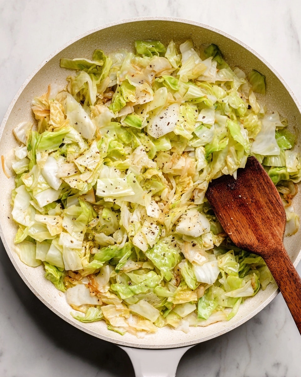 The image shows a white pan filled with cooked chopped cabbage and bits of sautéed onions. The cabbage pieces are various shades of green and pale white, with a slightly soft texture. Light brown and translucent cooked onions are scattered throughout the cabbage, adding contrast. Small black pepper flakes are sprinkled over the top. A wooden spatula rests inside the pan on the right side, partially covered by the cabbage. The pan is set on a white marbled surface. Photo taken with an iphone --ar 4:5 --v 7