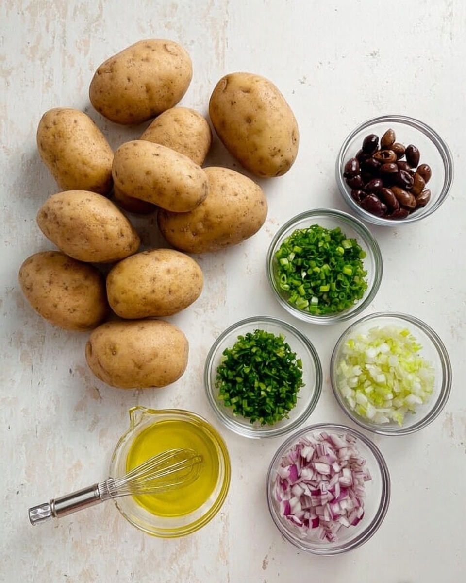 The image shows a white marbled surface with ten whole brown potatoes on the left side, arranged in a loose pile. To the right of the potatoes, there are six small clear glass bowls lined up in two rows. The top row has three bowls containing finely chopped green herbs and green onions. The bottom row holds a small clear measuring cup with yellow oil and a whisk inside, next to a bowl filled with chopped red onions, and another bowl with dark chopped olives. The setup looks clean and organized, focused on the raw ingredients prepared for cooking. Photo taken with an iphone --ar 4:5 --v 7