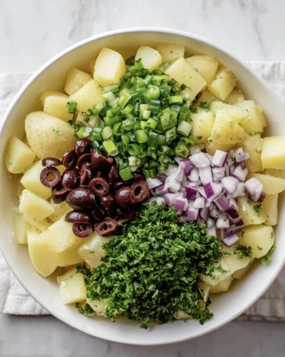 A white bowl on a white marbled surface holds about three layers of light yellow potato chunks forming the base layer. On top, there are four smaller piles of toppings arranged in a circle without overlapping: bright green chopped scallions at the top center, dark brown sliced olives to the right, finely chopped red onions with a mix of white and purple pieces to the bottom right, and a large pile of finely chopped fresh green parsley at the bottom left. All ingredients have a fresh, slightly moist texture. Photo taken with an iphone --ar 4:5 --v 7