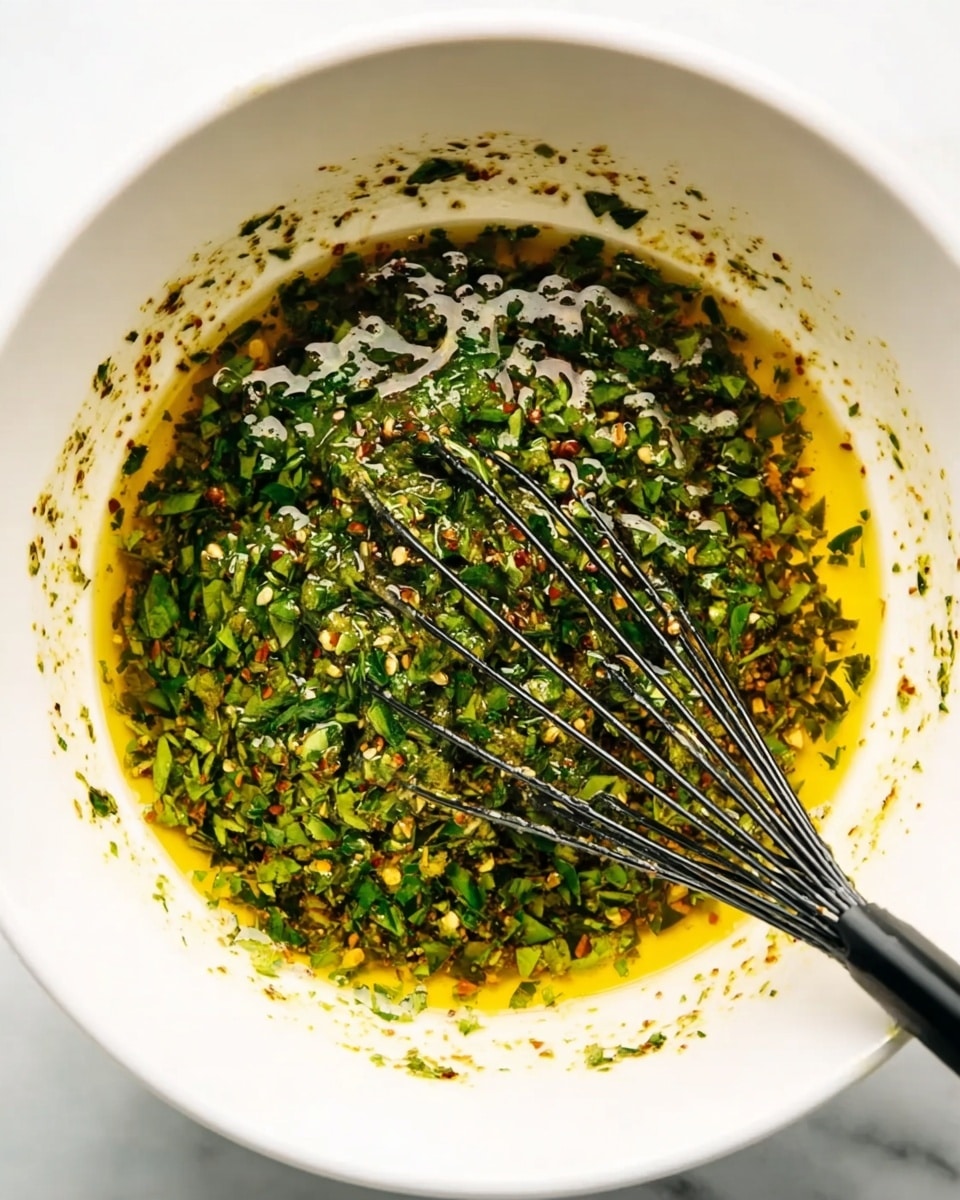 A white bowl holds a mixture of green herbs and yellow oil, with small bits of seasoning scattered around the inside edges. The herbs appear finely chopped and float throughout the liquid, creating a textured and colorful blend. A dark whisk is partially immersed in the mixture on the right side, with the thin wires coated in the sauce. The background is a white marbled surface. Photo taken with an iphone --ar 4:5 --v 7