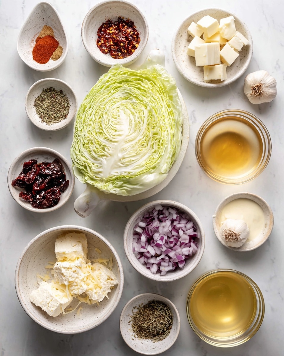 The image shows many small bowls and dishes arranged neatly on a white marbled surface, each holding different ingredients. In the center, there is a white bowl with a large wedge of green cabbage, its layers clearly visible with light green outer leaves curling slightly. Surrounding it are various small white ceramic dishes containing spices like crushed red pepper flakes, dried herbs, ground black pepper, oregano, and rosemary. There are three garlic cloves placed on the surface near the bowls. A clear glass bowl with a light golden broth is at the top right, next to a small dish with two small blocks of butter. To the bottom left, a white bowl holds three cubes of cream cheese. Nearby, a bowl with diced red onions shows bright purple and white small pieces. A small bowl of dark red sun-dried tomatoes in oil adds a deep color contrast. There is a clear glass bowl filled with grated cheese that is pale yellow, and another glass bowl holding thick cream or a white sauce. A small bowl of olive oil adds a yellow tint. The entire setup is well-lit with soft natural light, giving a fresh and clean look. photo taken with an iphone --ar 4:5 --v 7