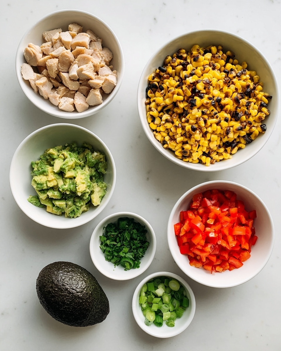 The image shows six white bowls and one whole avocado on a white marbled surface. From top left to bottom right, the largest bowl contains small pieces of light beige cooked chicken. Next to it on the right is a large bowl filled with charred yellow corn kernels that have some black grilled marks. Below the chicken bowl is a small bowl of finely chopped dark green jalapeños. To its right is a small bowl with finely chopped fresh green cilantro. Next is a small bowl containing chopped light and bright green scallions. The largest bowl on the bottom right is filled with finely chopped bright red bell peppers. The whole dark green avocado is placed on the surface near the bottom left corner. photo taken with an iphone --ar 4:5 --v 7