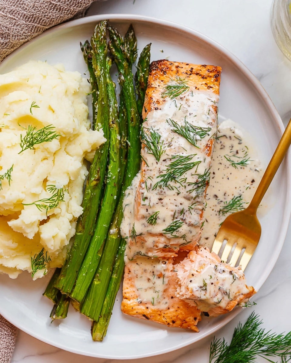 A white plate on a white marbled surface holds a meal with three main parts: mashed potatoes on the left which are creamy and slightly lumpy, a bunch of grilled green asparagus spears placed in the middle with some sauce splashed over them, and a large piece of cooked salmon on the right with a golden-brown top sprinkled with fresh green dill and covered partly in a creamy white sauce speckled with black pepper. A gold fork on the right side holds a bite of salmon coated in sauce. Fresh dill sprigs are placed nearby, adding a touch of green to the scene. Photo taken with an iphone --ar 4:5 --v 7
