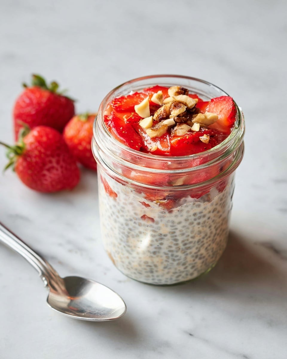 A small glass jar filled with creamy chia pudding mixed with visible tiny black chia seeds, topped with a layer of bright red sliced strawberries and small pieces of chopped nuts; the jar sits on a white marbled surface with whole strawberries and a silver spoon nearby, the details clear and the lighting soft. photo taken with an iphone --ar 4:5 --v 7