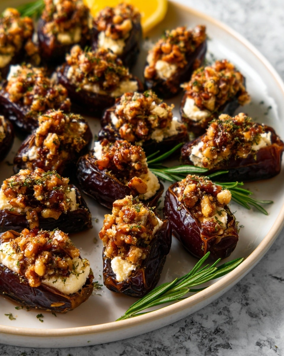 The image shows a white plate filled with many dark brown dates, each sliced open and stuffed with a soft white cheese layer inside. On top of the cheese, there is a chunky, light brown nut mixture sprinkled with herbs, giving a rough texture. Some green rosemary sprigs are placed between the dates for decoration, and a lemon wedge is partly visible on the side. The plate sits on a white marbled surface, adding a clean and bright feel to the setting. photo taken with an iphone --ar 4:5 --v 7