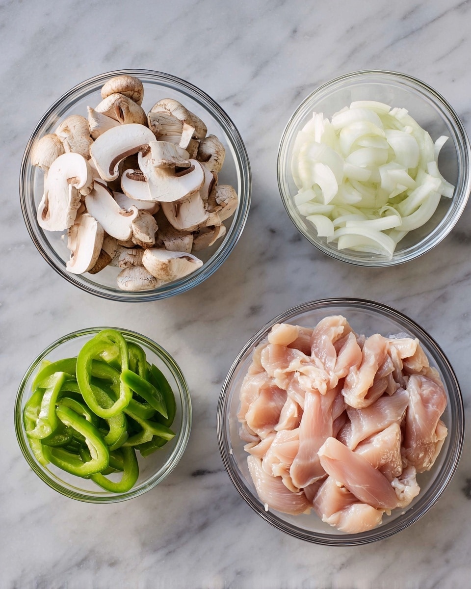 Four clear glass bowls sit on a white marbled surface, each holding different ingredients. The largest bowl is in the bottom right, filled with pale pink raw chicken strips. Above it, a bowl is full of white and light brown sliced mushrooms with visible gills. To the top right, a smaller bowl contains white sliced onions with a soft texture. On the left, another small bowl holds thin, bright green sliced bell peppers. The overall arrangement shows the ingredients clearly separated. Photo taken with an iphone --ar 4:5 --v 7