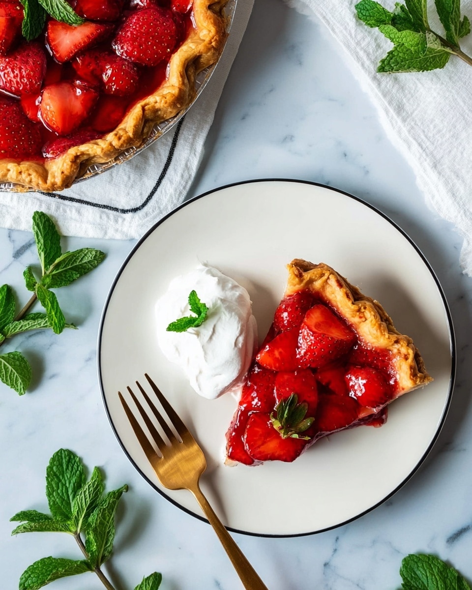 A single slice of bright red strawberry pie sits on a white plate with a thin black rim. The pie has a golden-brown crust that looks crisp and crimped along the edge. The filling is glossy and juicy with chunks of fresh strawberries in a thick red sauce. Next to the pie slice is a dollop of white whipped cream topped with a soft texture. A gold fork rests on the right side of the plate. In the top right corner, part of the whole pie with the same crust and filling is visible, topped with more whipped cream and a small green mint leaf. Bright green mint sprigs lie scattered on the white marbled surface around the plate, and a white cloth with a black edge is placed nearby. photo taken with an iphone --ar 4:5 --v 7