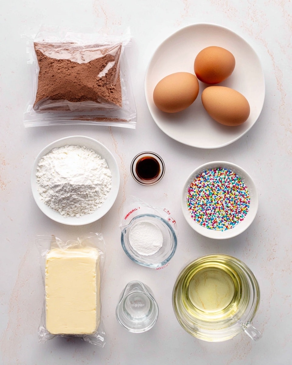 A flat lay of baking ingredients arranged on a white marbled surface: a plastic bag of light brown cocoa powder sits on the top left, two brown eggs rest on a small white plate to its right, a small white bowl filled with white powder (likely powdered sugar) is on the bottom left, and a block of wrapped butter lies next to it. To the right of the eggs, a small clear bowl holds colorful sprinkles, another small clear bowl with a dark liquid (vanilla extract) sits below the sprinkles, and a measuring cup with a light yellow liquid (oil) occupies the bottom right corner. A small clear bowl with water sits near the middle. The ingredients are spaced out evenly across the scene. photo taken with an iphone --ar 4:5 --v 7